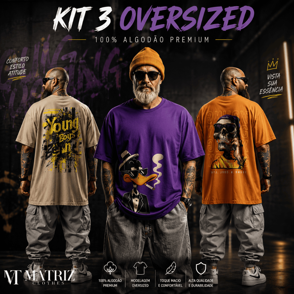 Kit 3 Camisetas Oversized Masculina Streetwear 100% Algodão Premium Estampadas