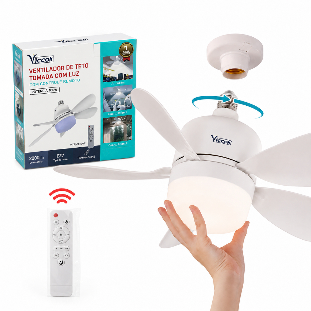 Ventilador de Teto 100W Lâmpada Soquete E27 Com Luz Led Ajustável Bivolt