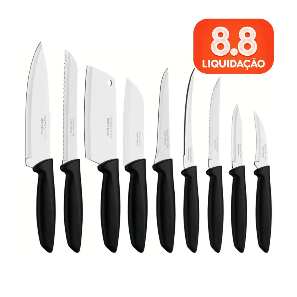 KIT JOGO DE FACAS FAQUEIRO TRAMONTINA PLENUS 9 PEçAS SORTIDAS CHEF  CARNES PãO FRUTAS AçO INOX PRETO