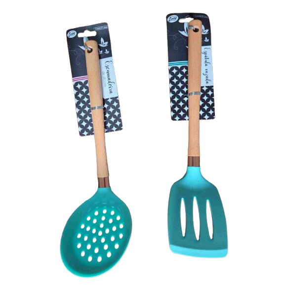 Kit Utensílios de Cozinha Escumadeira e Espátula Silicone Cabo Madeira Antiaderente 33cm