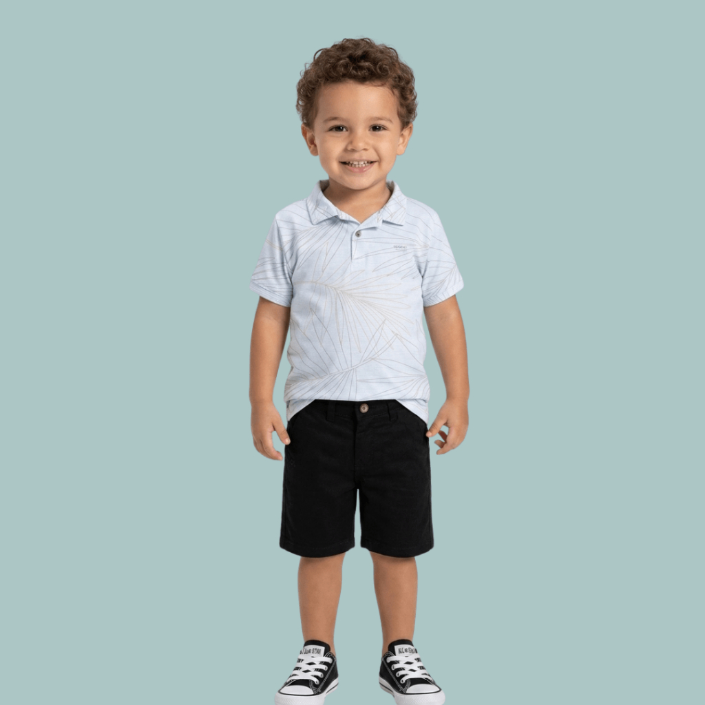 CONJUNTO INFANTIL OGOCHI PRIMAVERA VERÃO POLO AZUL ESTAMPADO TAMANHO 2 ANOS