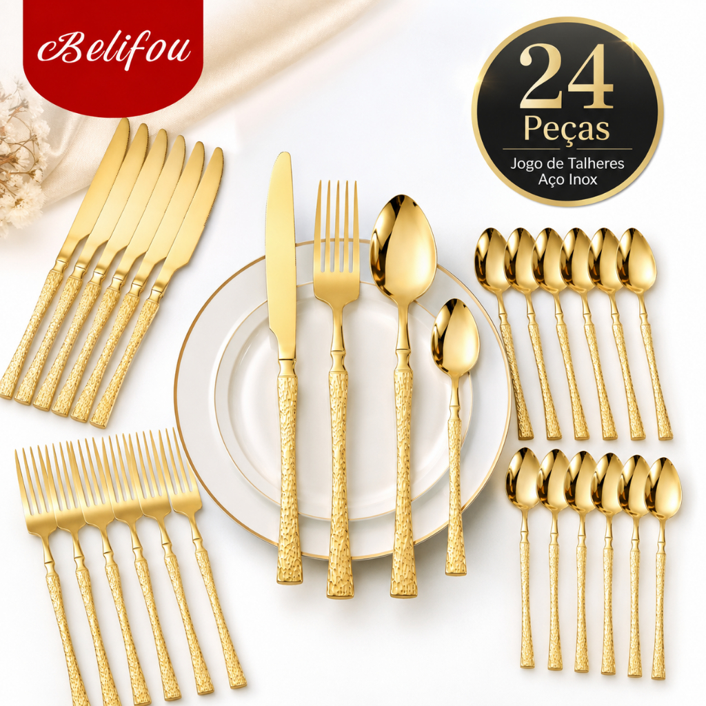 Imagem Belifou Faqueiro 24 Peças Dourado Aço Inoxidável Talheres Premium Com Faca Para Bife Jogo Para 6 Pessoas