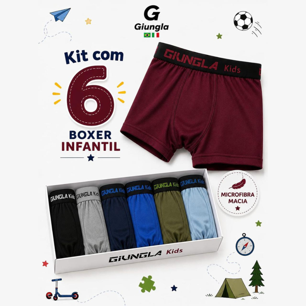 Kit 6 Cuecas Boxer Infantil para Meninos Microfibra Lisa Cueca Box Giungla Kids
