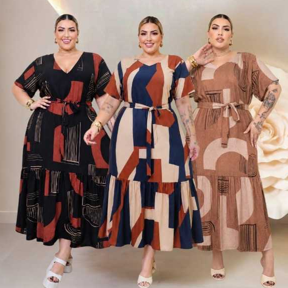 Vestido Femenino Longo Plus Size Viscolinho G1 ao G4 Decote V Liso Estampado com Cinto Soltinho Confortável Elegante
