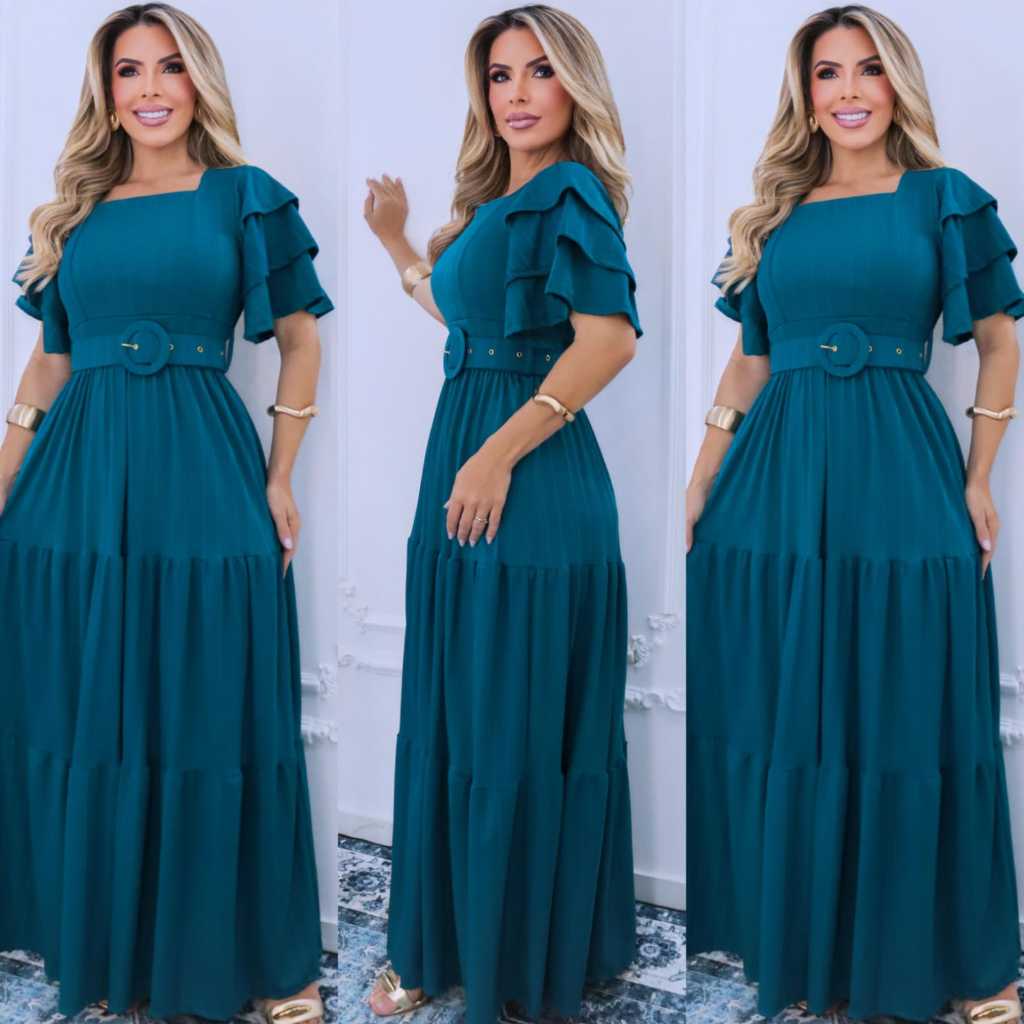 Vestido Longo Feminino Com Manga Babado e Cinto Em Malha Scott Com Elastano Luxo Premium (REF 57)