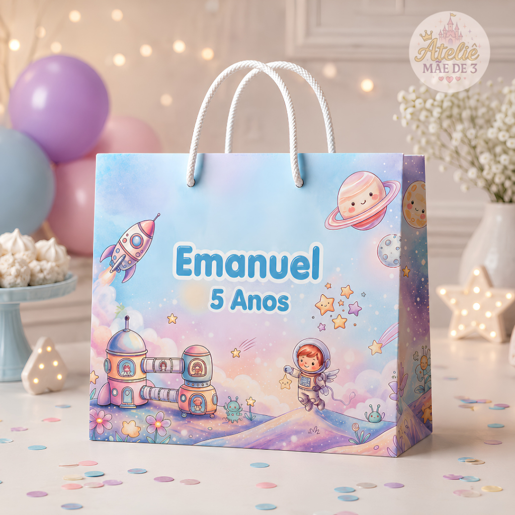 Kit Lembrancinhas Astronauta Sacolinha De Papel Personalizada Festa Aniversário Infantil - 5 ou 10 Unid