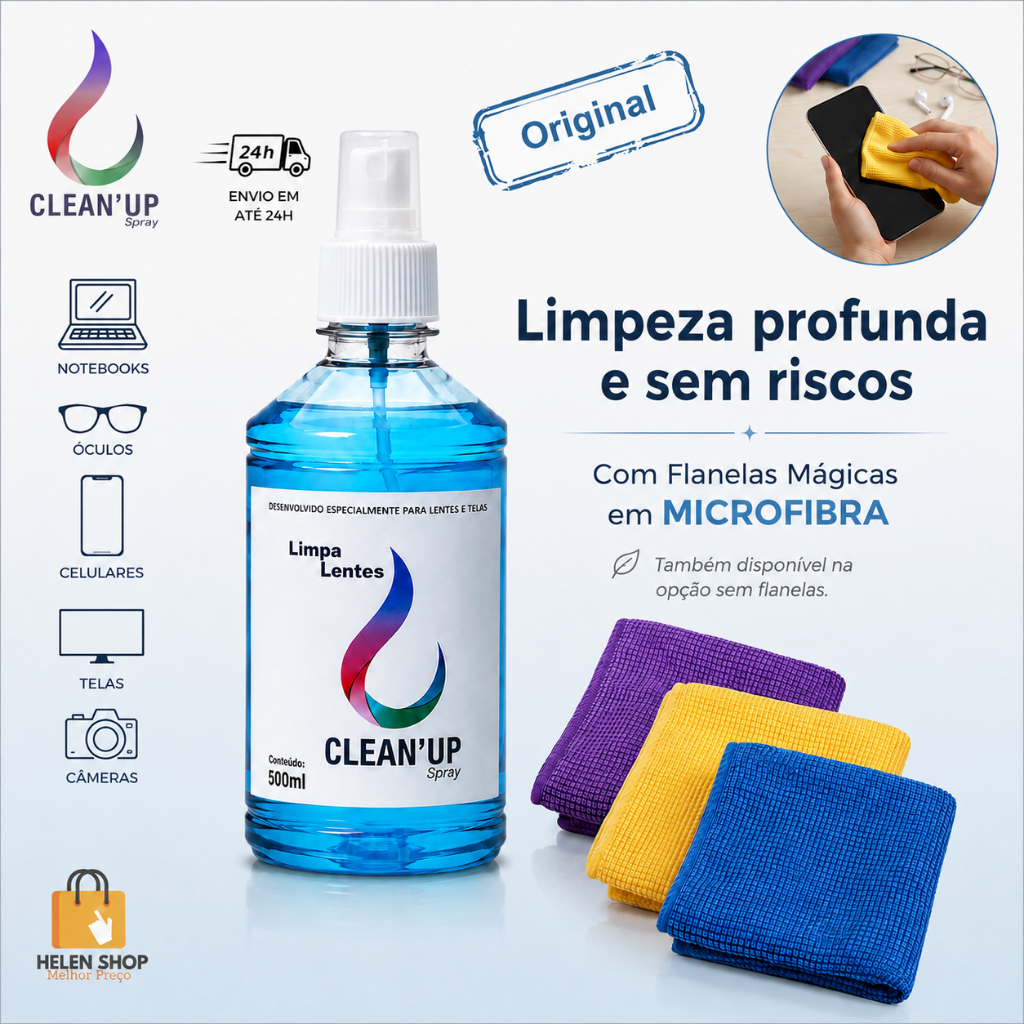 Limpa Lentes Clean Up 500ml com ou sem Flanelas Mágicas Microfibra Telas Óculos Celular notebook