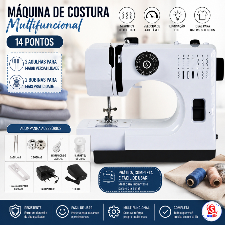 Máquina de Costura Multifuncional 14 Pontos Bivolt Diversas Funções