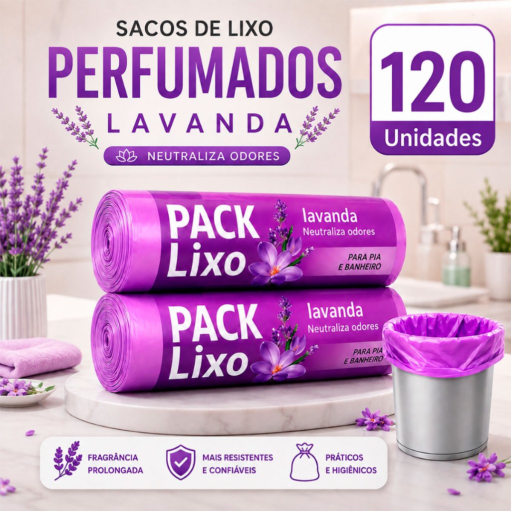 120 Sacos de Lixo Perfumados Lavanda Para Pia Banheiro Cozinha Antiodores