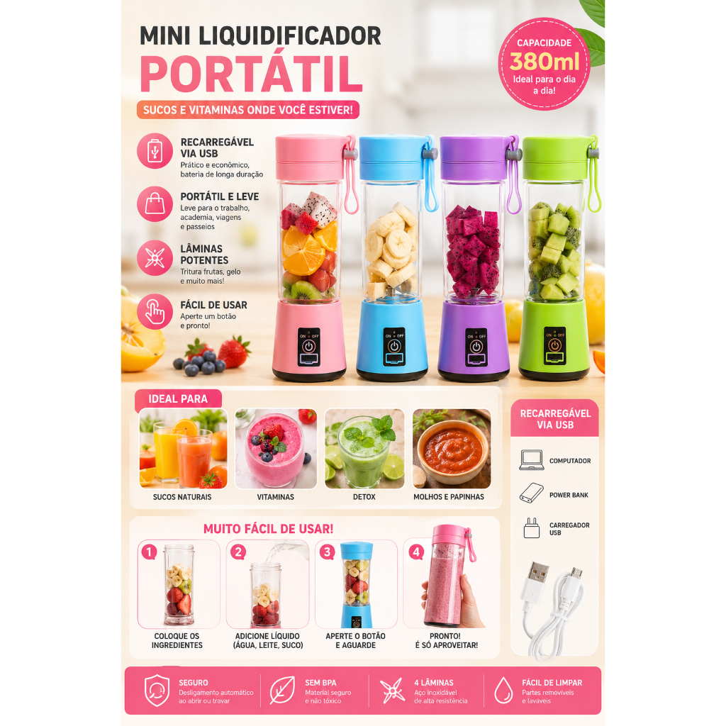 Mini Liquidificador Portátil 380ml Recarregável USB 4 Lâminas Mixer para Sucos Vitaminas Frutas