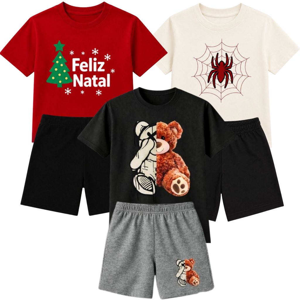 Kit 6 Peças 3 Conjuntos Infantil Sortido Masculino Básico Manga Curta Confortável Premium Verão