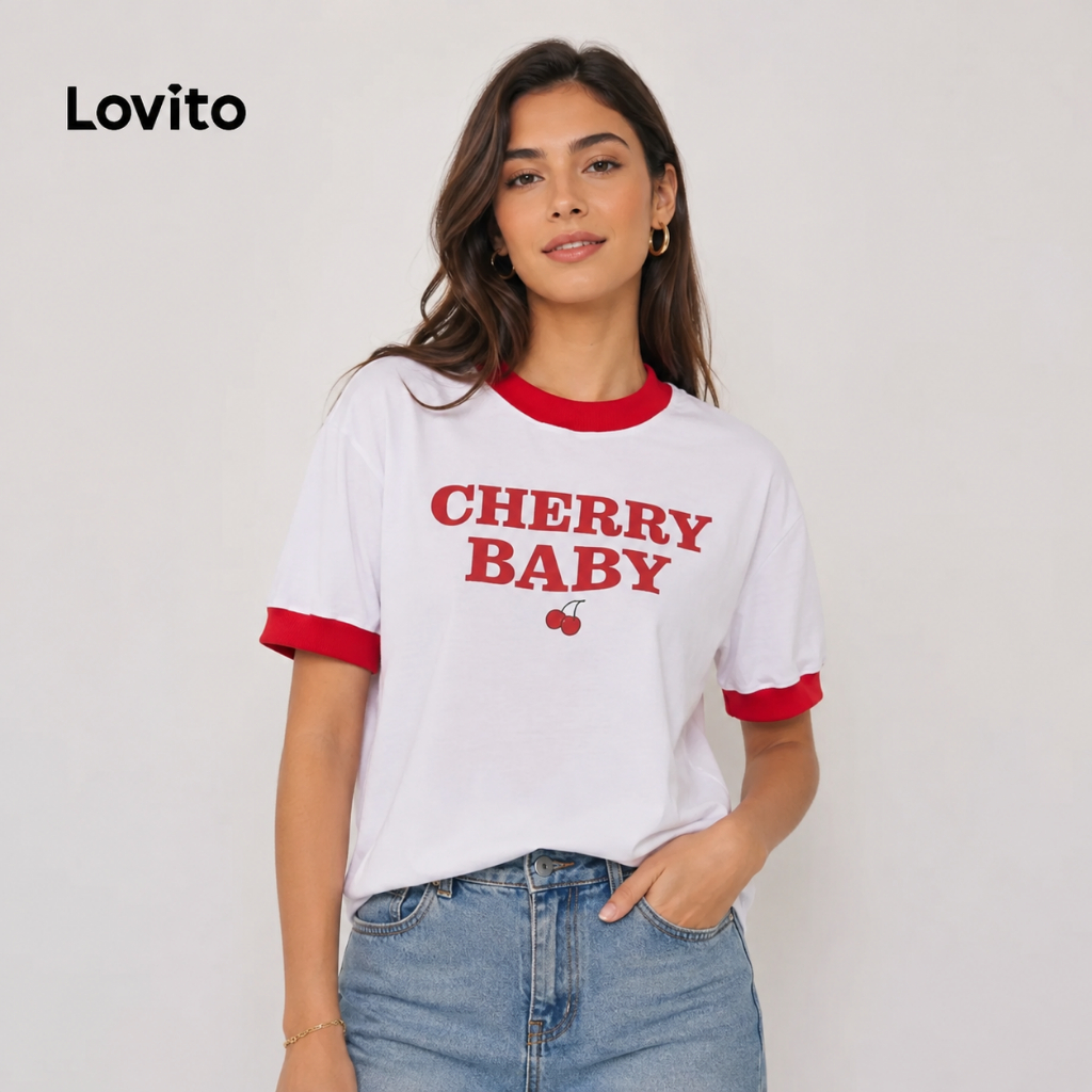 Lovito Camiseta Estampada Moda Contrastante Basica Feminina BRTSB843BRL873
