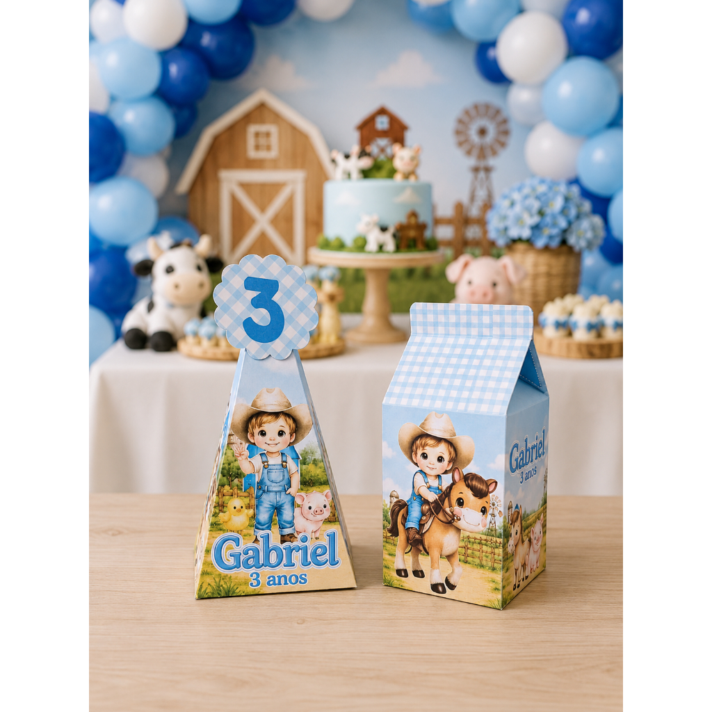 Kit Caixinhas Milk e Pirâmide Personalizada - Lembrancinhas fazendinha azul