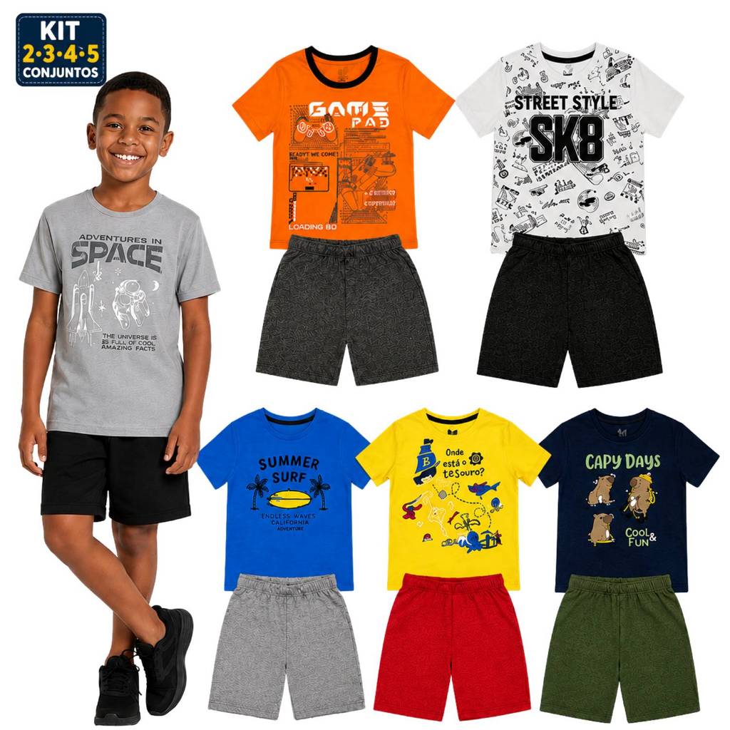Kit Conjunto Camiseta Bermuda Algodão Infantil Juvenil Menino 4 6 8 10 Peças  Tamanho 4 ao 12
