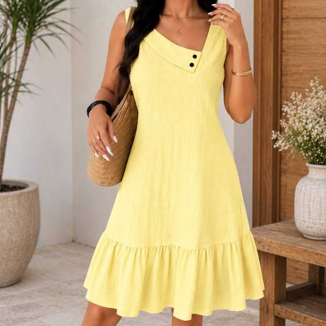 Vestido Feminino Midi Regata Sem Manga Babado Elegante Casual Verão Moda Feminina