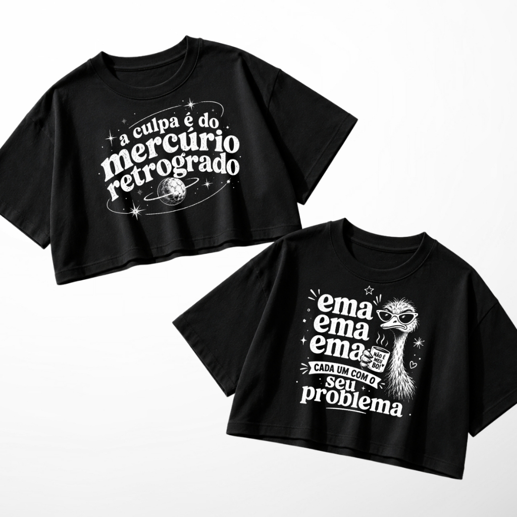 Kit Cropped Oversized Feminino T-shirt Camiseta Estampado com Frases Divertidas e Engraçadas Mercurio Retrógado