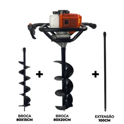 Perfurador de Solo a Gasolina 52cc 2,5HP com Brocas 80x20cm + 80x15cm + Extensor 1m Carbon Fak