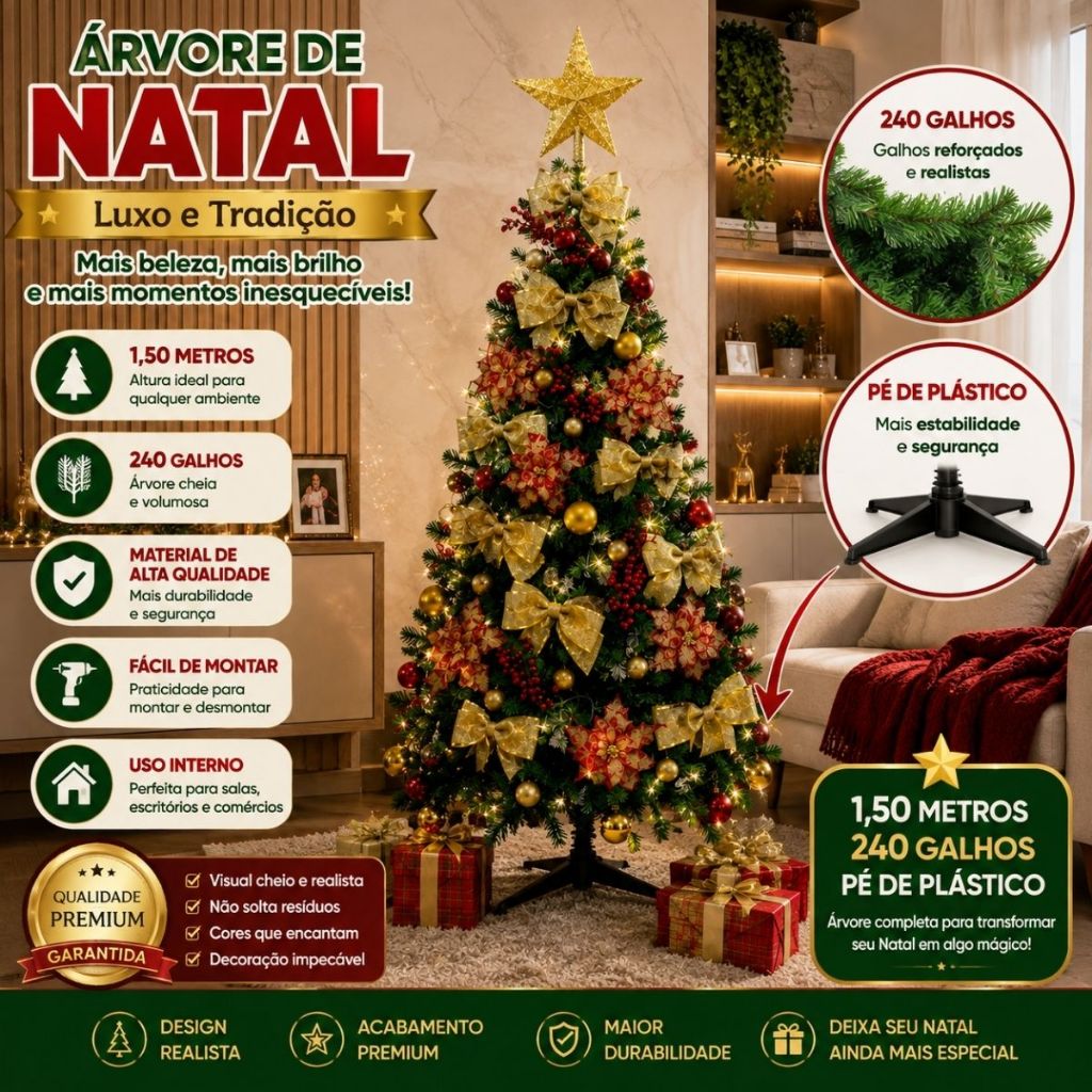 Árvore De Natal Pé De Plástico Pinheiro Luxo Verde 1,50m 240 Galhos Cheia Decora