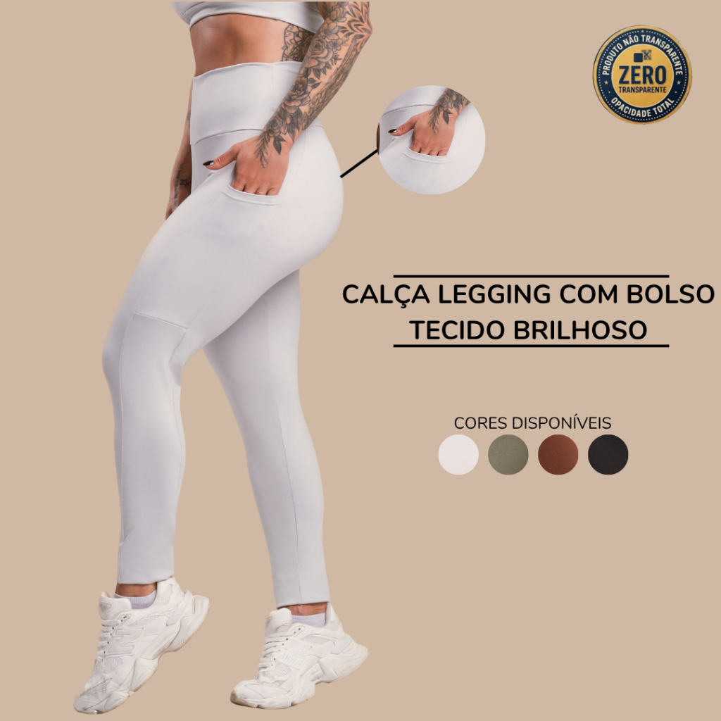 Calça Legging Feminina Com Bolso Cintura Alta Tecido Brilhoso Academia Fitness Treino ZERO TRANSPARÊNCIA