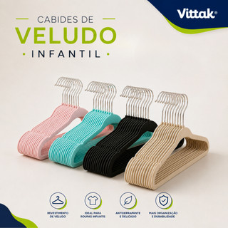 Vittak Kit Cabide Infantil Veludo Slim Antideslizante Organizador – Criança e Bebê | 10, 20, 30 ou 50 Unidades