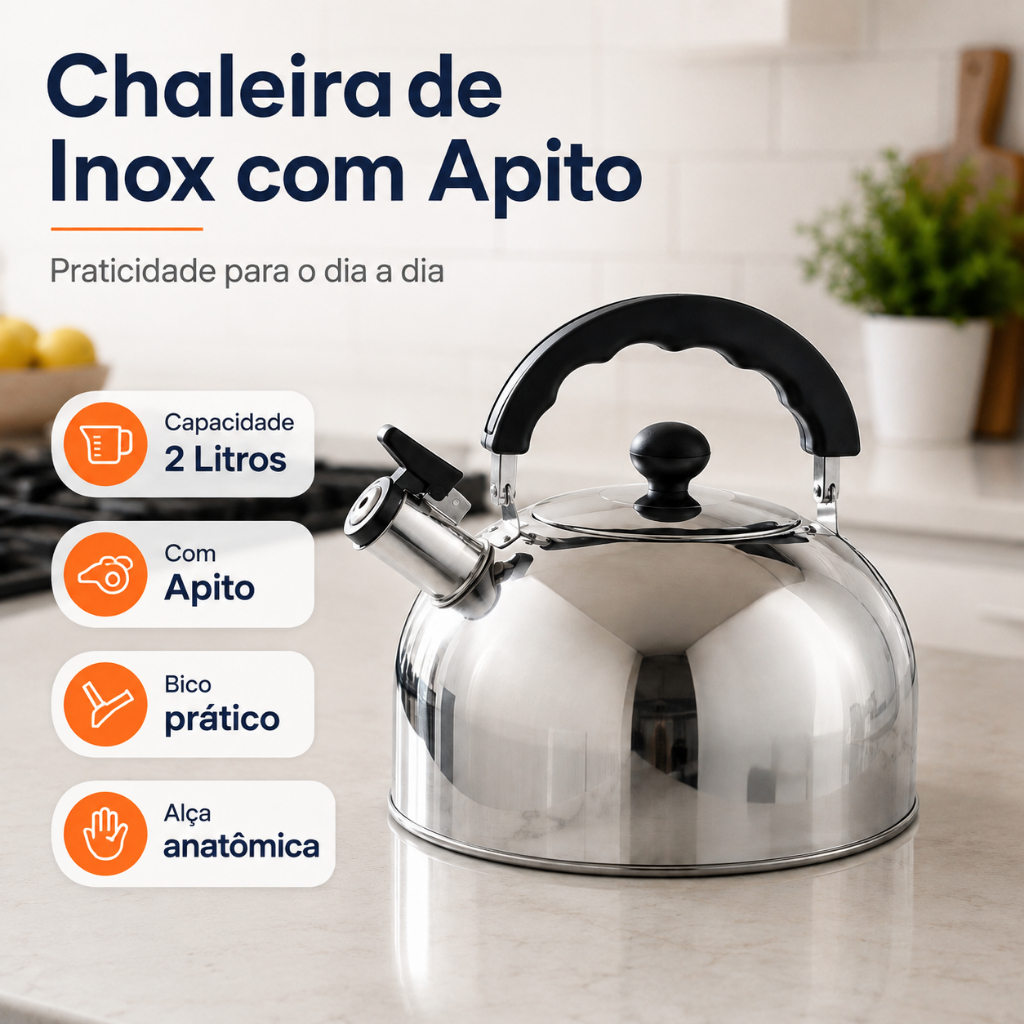 Chaleira Inox 2 Litros com Apito – Fervura Rápida para Fogão a Gás, Elétrico e Indução