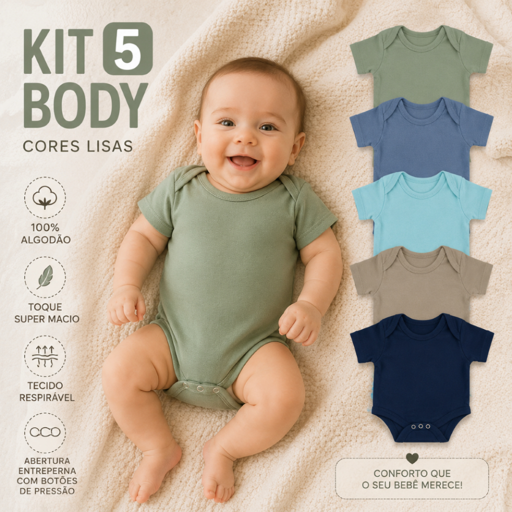 Kit 5 Body Manga Curta Liso Infantil Bebê Menina Menino