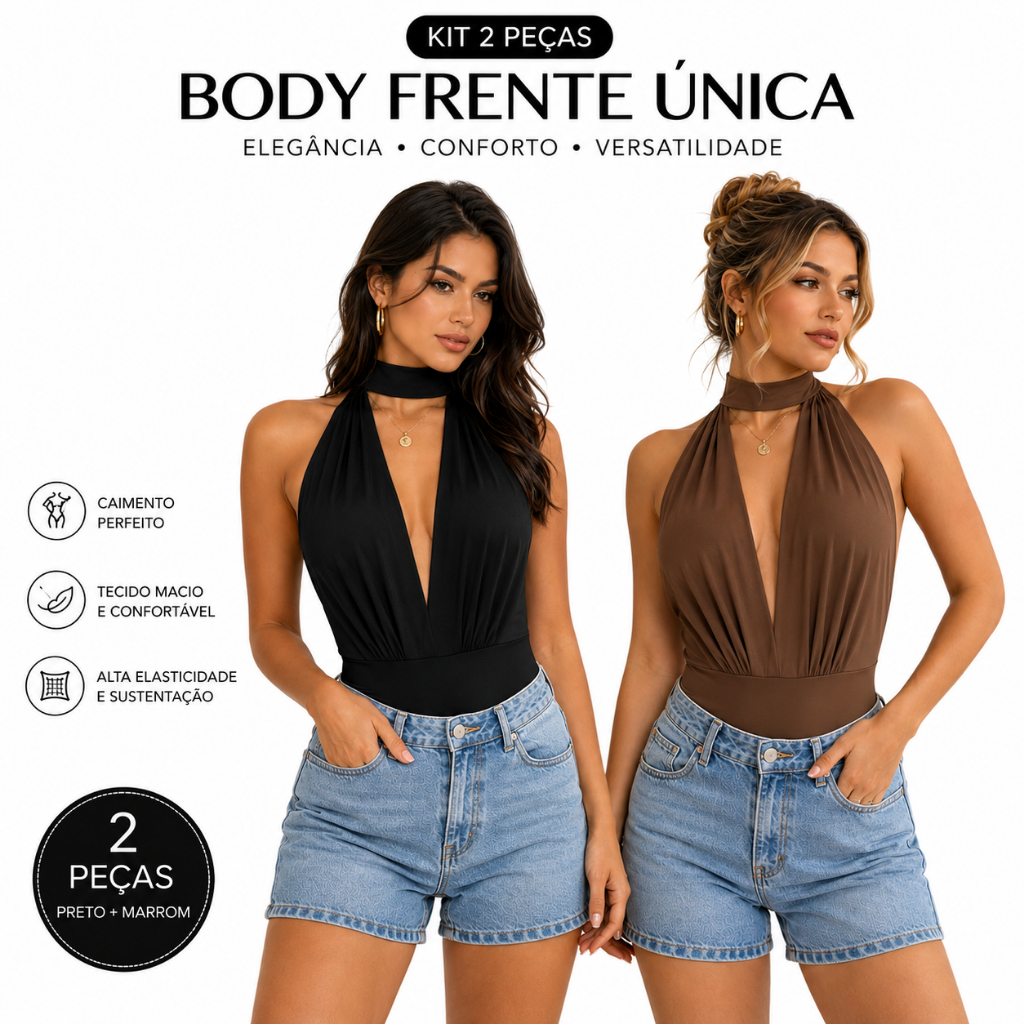Kit 2 Bodies Femininos Gola Alta Decote Profundo Drapeado Look Elegante