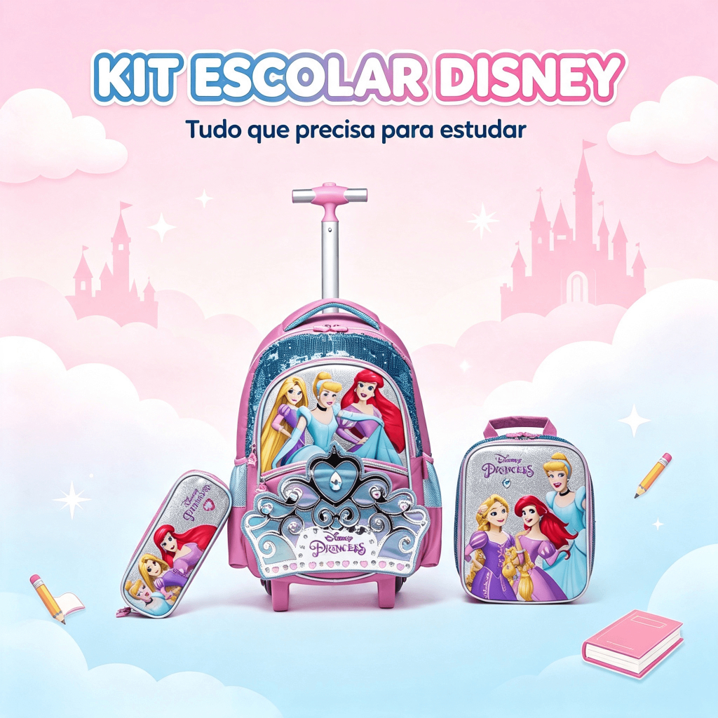 Kit Escolar Mochila Rodinhas Princesas Disney Lancheira Estojo Menina