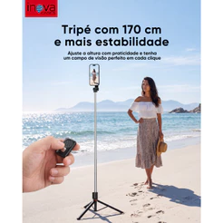 Inova Tripé Magnético 170cm para Celular 3 em 1: Bastão Selfie + Suporte de Mesa + Controle Remoto Bluetooth