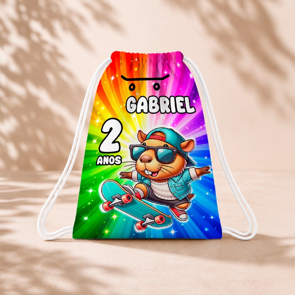 10 Mochila Personalizada Infantil 18x26 Sacolinhas Surpresa Festa Aniversário Lembrancinha Capivara Cute Skate