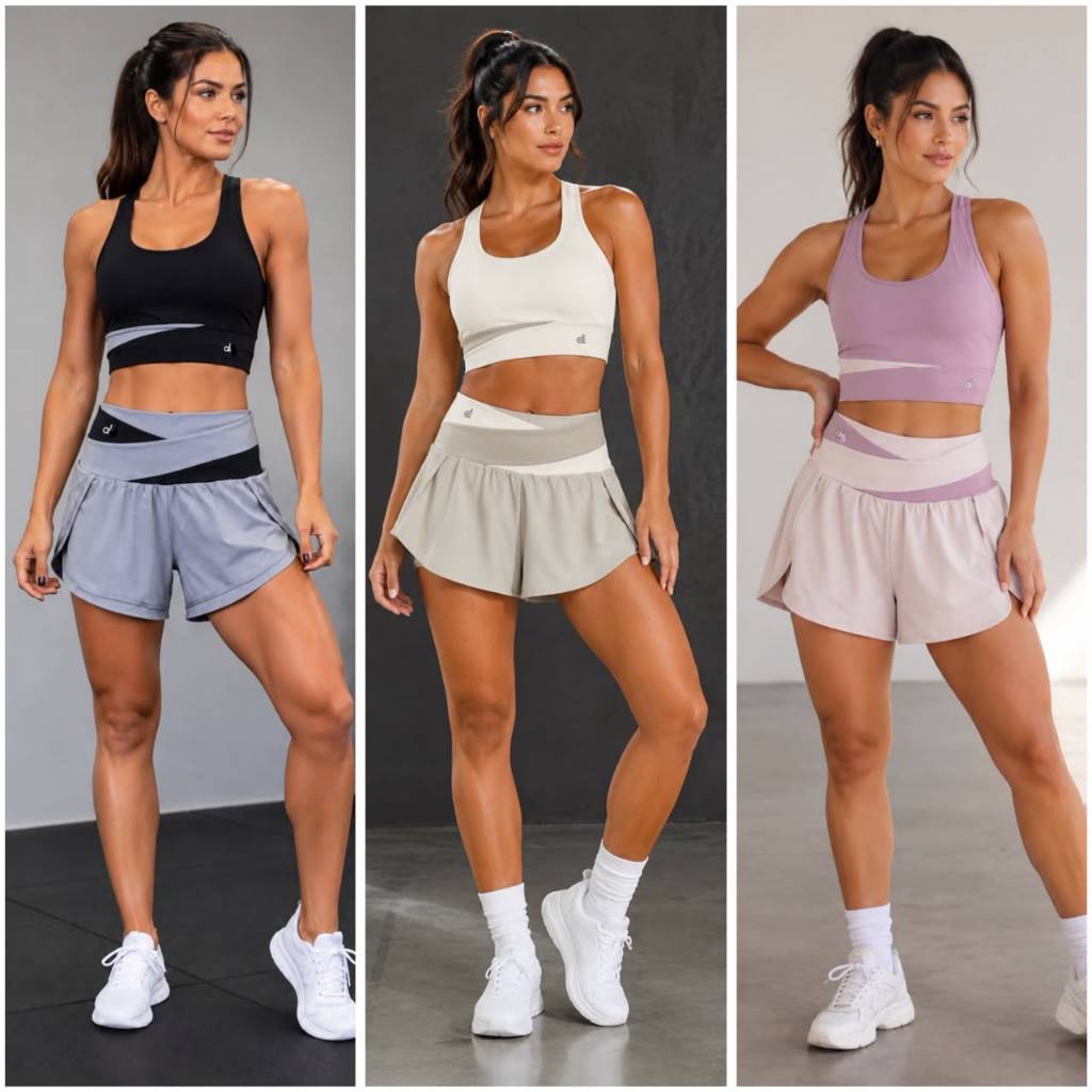 Conjunto Fitness Feminino Short Duplo E Top Academia Cós Transpassado Treino Corrida Corrida Casual Premium MN2502