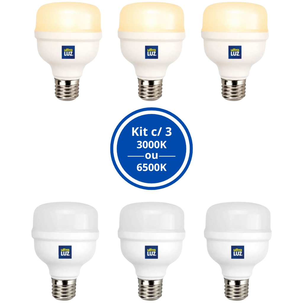 Kit 3 Lâmpadas LED Bulbo 20W E27 Bivolt Ultraluz Branco Frio ou Amarelo