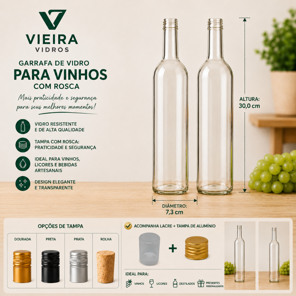 Kit 12 Garrafa De Vidro 750ml INCOLOR com Tampa de Alumínio + LACRE CRISTAL.