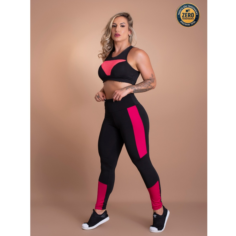 Conjunto Fitness Calça Legging Cintura Alta Faixa Lateral Detalhe E Top Academia Tela ZERO TRANSPARÊNCIA