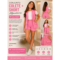 Conjunto Infantil Juvenil 2 Peças Colete + Short Alfaiataria