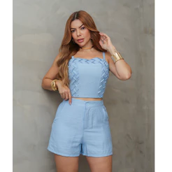 Conjunto Feminino Cropped Alça Detalhe Trançado e Short Cintura Alta Elegante Verão SD4047