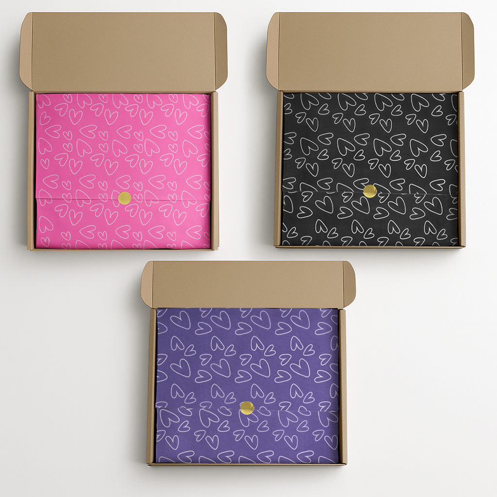 Papel Seda Premium Estampa Coração 100 Folhas Embalagem Sofisticada Para Loja de Roupa Cosmético Presente e Artesanato