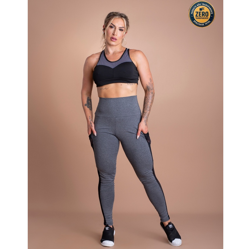 Conjunto Fitness Feminino Calça Legging Bolso Tela Resistente E Top Sustentação Moda Academia ZERO TRANSPARÊNCIA
