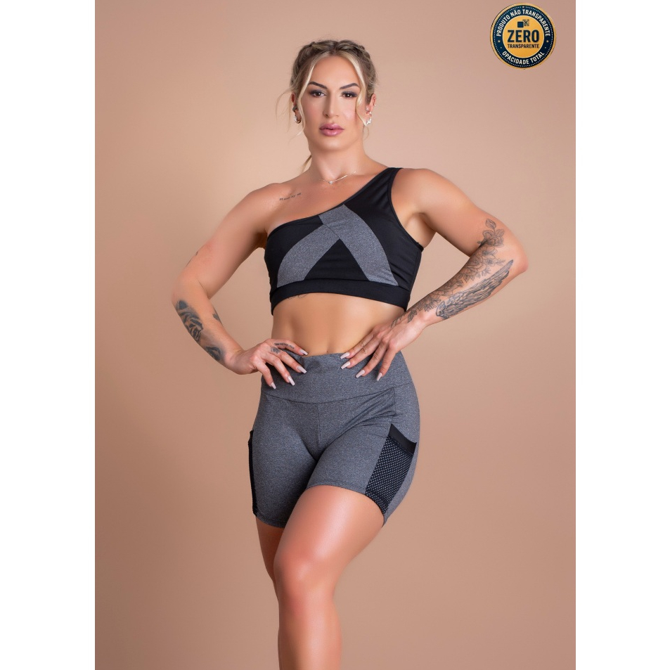 Conjunto Fitness Feminino Short Bolso Tela Resistente E Top Cropped Faixa Ombro Moda Academia ZERO TRANSPARÊNCIA