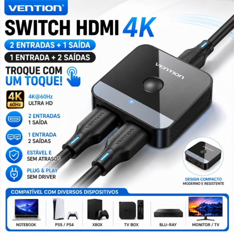 Vention HDMI Splitter 4K 60Hz 2.0 Switcher 1in 2out/2in 1out Para Conversor De Adaptador De TV PS4 Adaptador Conversor