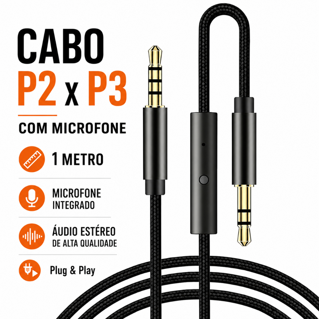 Cabo Auxiliar de Áudio P2 x P3 3,5mm com Microfone Embutido para Headset Fone Celular Notebook 1m