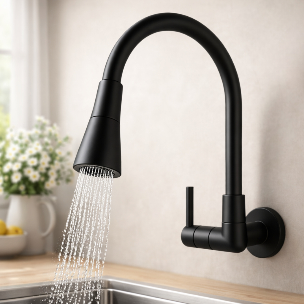 Torneira De Cozinha Gourmet Flexível de Parede Preto Fosco Design Moderno Luxo 1/4 de Volta
