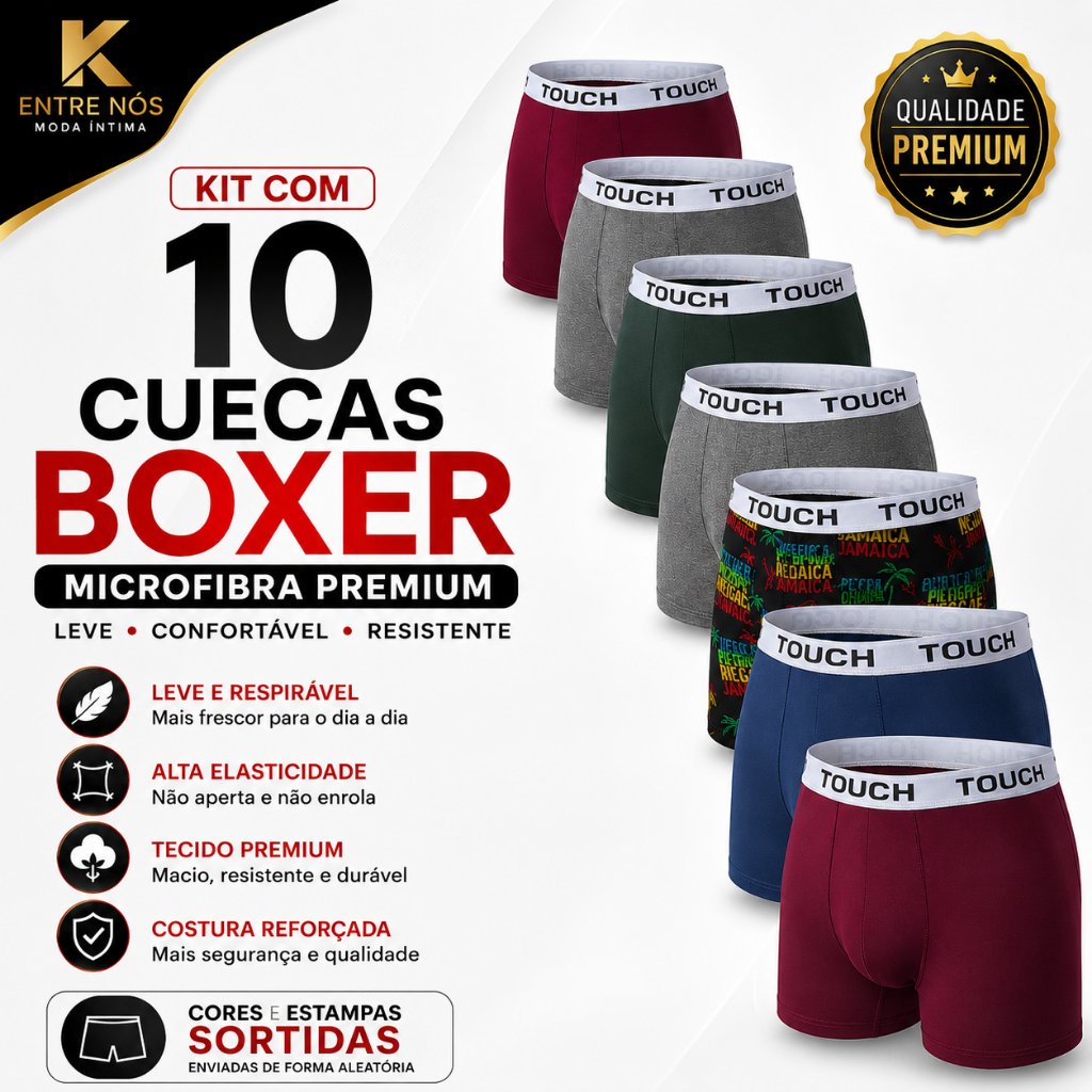 Kit 10 Cuecas Boxer Masculina Microfibra Confortável Elástico Touch P M G GG
