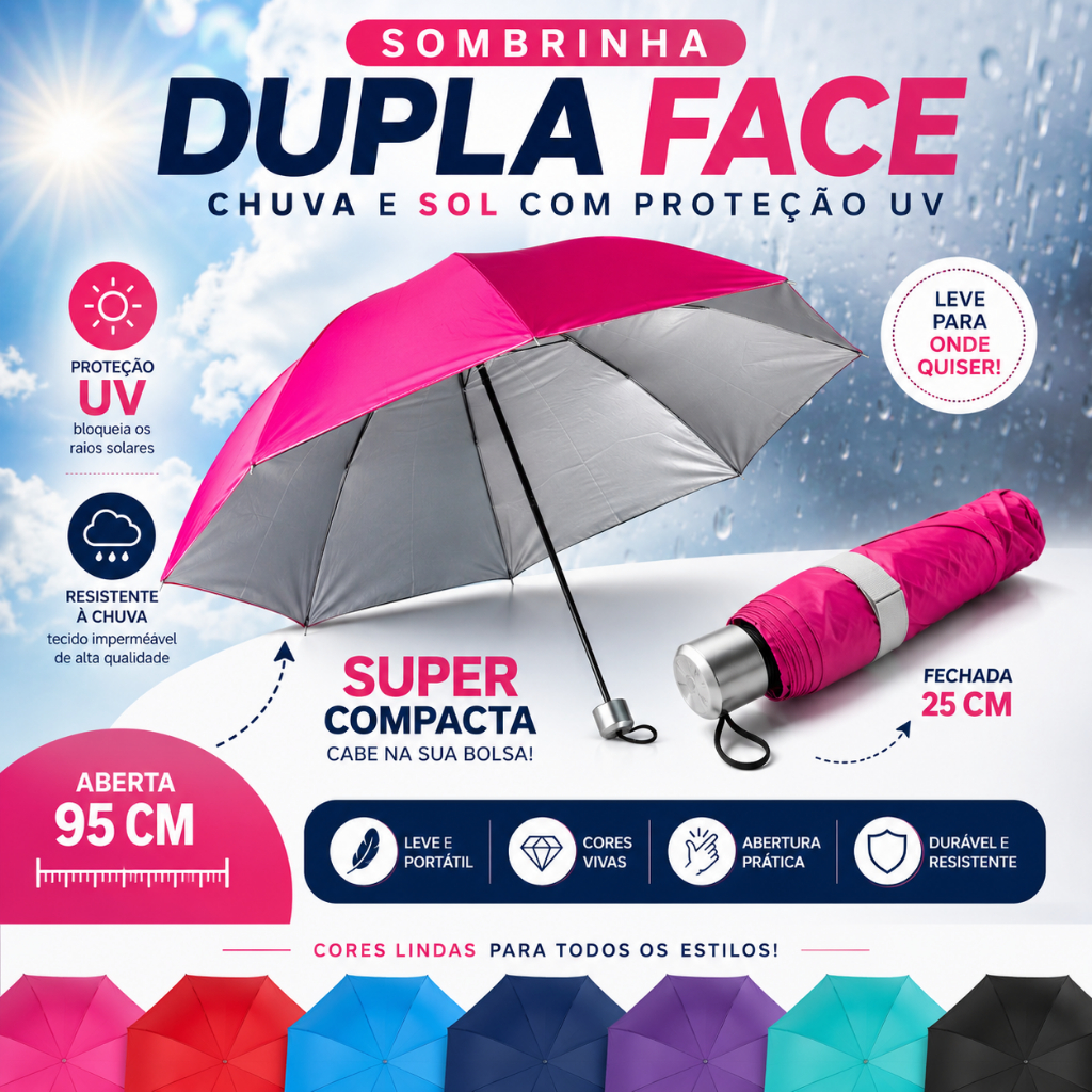 Sombrinha Dupla Face Proteção UV Solar Guarda Chuva Reforçada Compacto Portátil Feminino Sol Impermeável de Bolsa