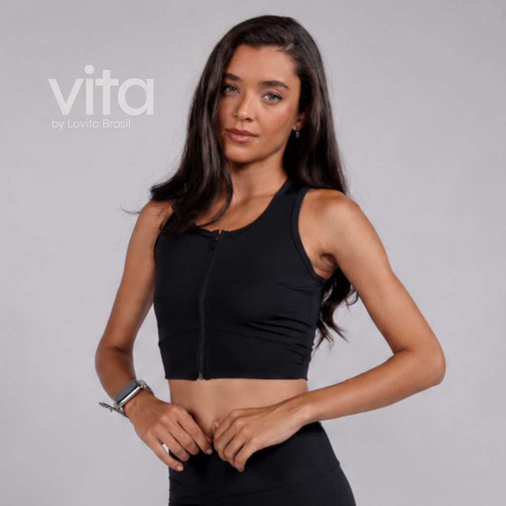 Lovito Top Esportivo Feminino Alongado Com Zíper Frontal Liso SBB345BRL374