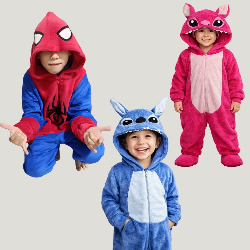 Pijama Kigurumi Personagens Homem Aranha Stitch  Infantil em Plush Quentinho Inverno Confortável 1 a 10 anos Peluciado