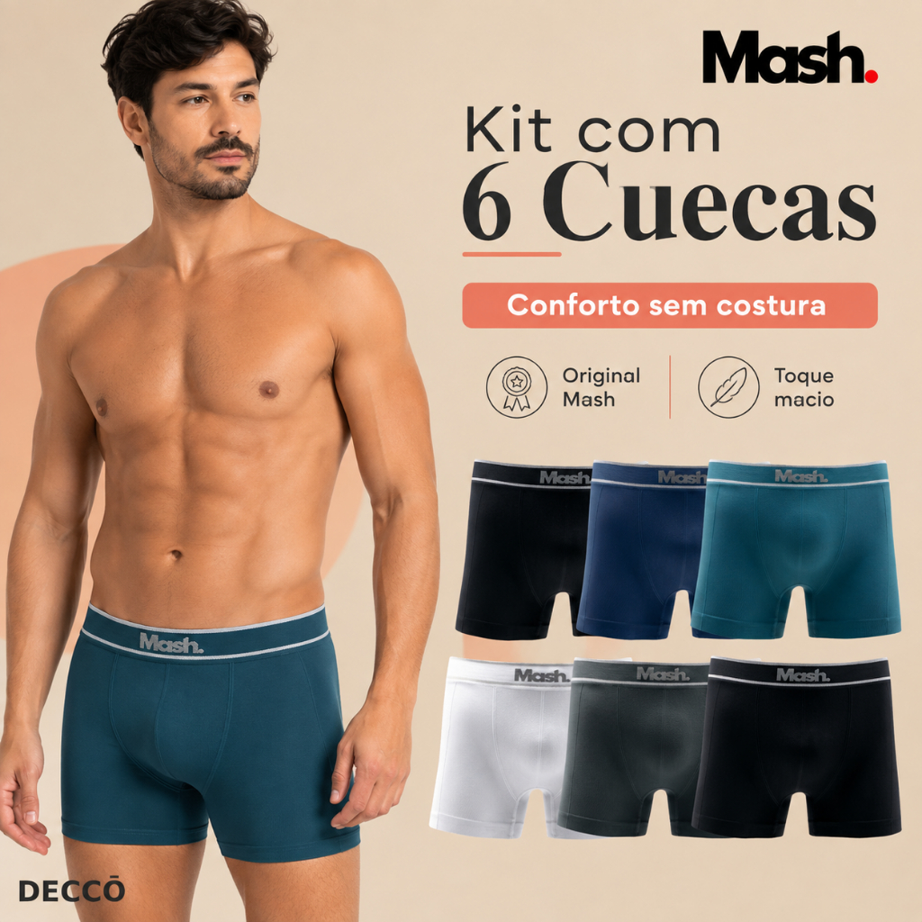 Kit 6 Cuecas Boxer Sem Costura Microfibra Confortável Original Mash Box