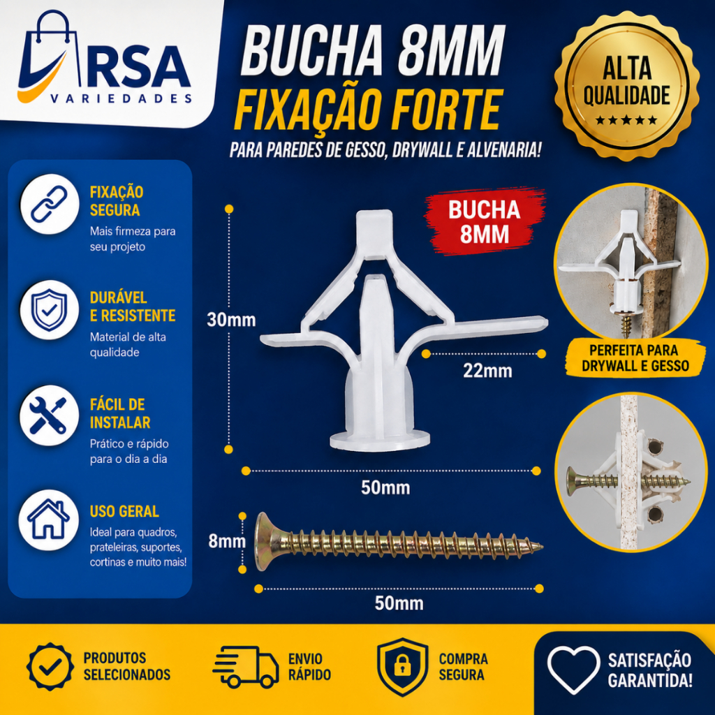 Kit Bucha 8mm para Drywall e Gesso + Buchas 8mm para Parede de Gesso, Drywall + parafuso com bucha drywall