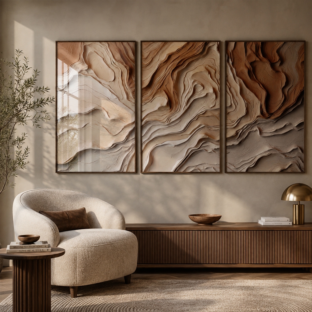 Quadro Decorativo Tríptico Abstrato Geométrico 60x90 Com Moldura Para Sala Quarto Escritório