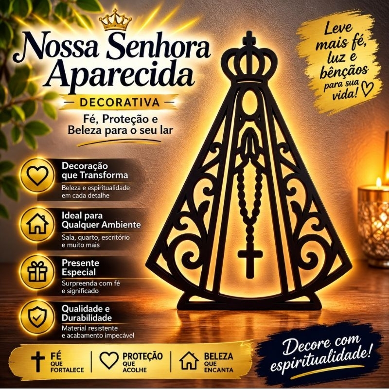 Nossa Senhora Aparecida Decorativa 3D | Enfeite Religioso para Parede | Decoração Fé e Proteção | Preto ou Branco